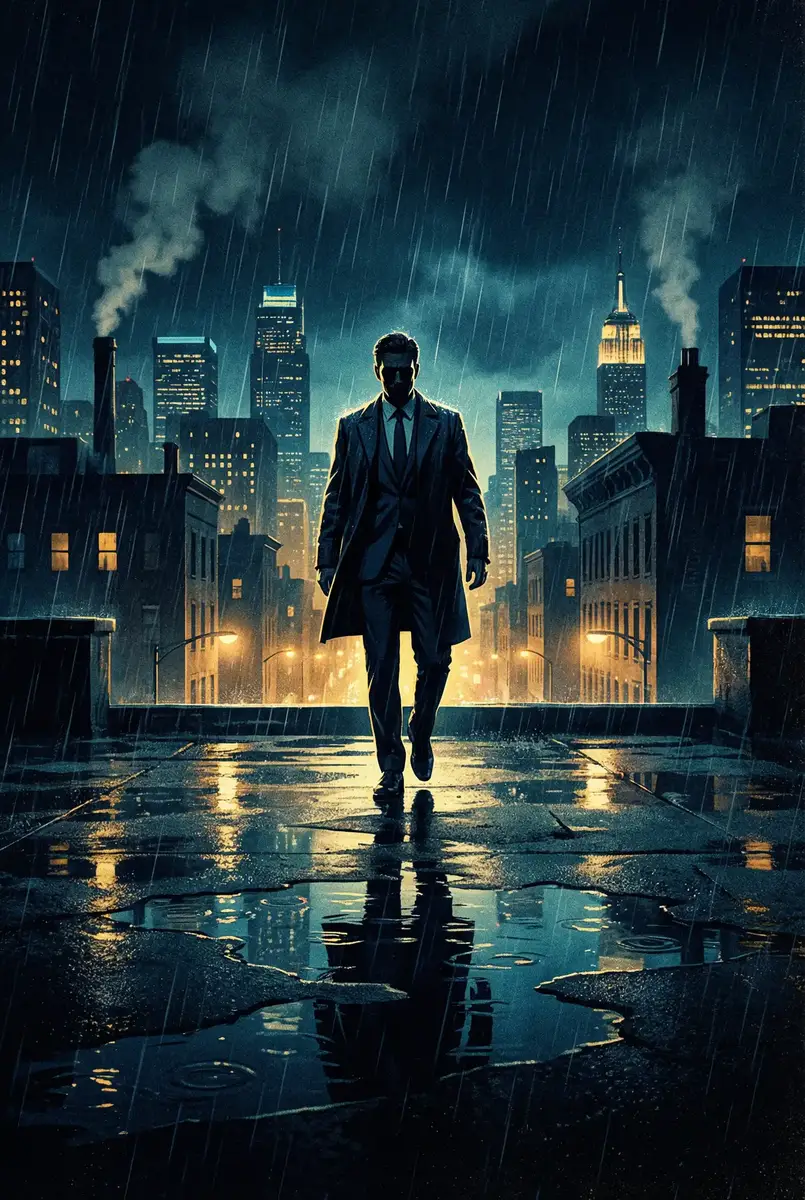 一代枭雄电视剧全集免费观看 出品影片《雨夜独行者》海报，雨中城市屋顶男性剪影
